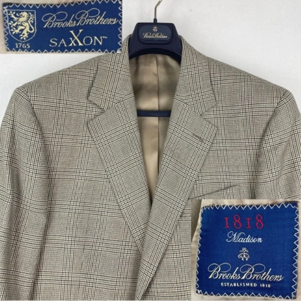Brooks Brothers 1818 Madison Saxon Wool Glen Plaid Blazer Tan Brown 40L 32184026